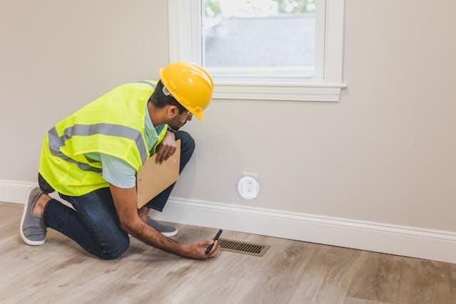 a person in a hard hat inspecting a home's interior